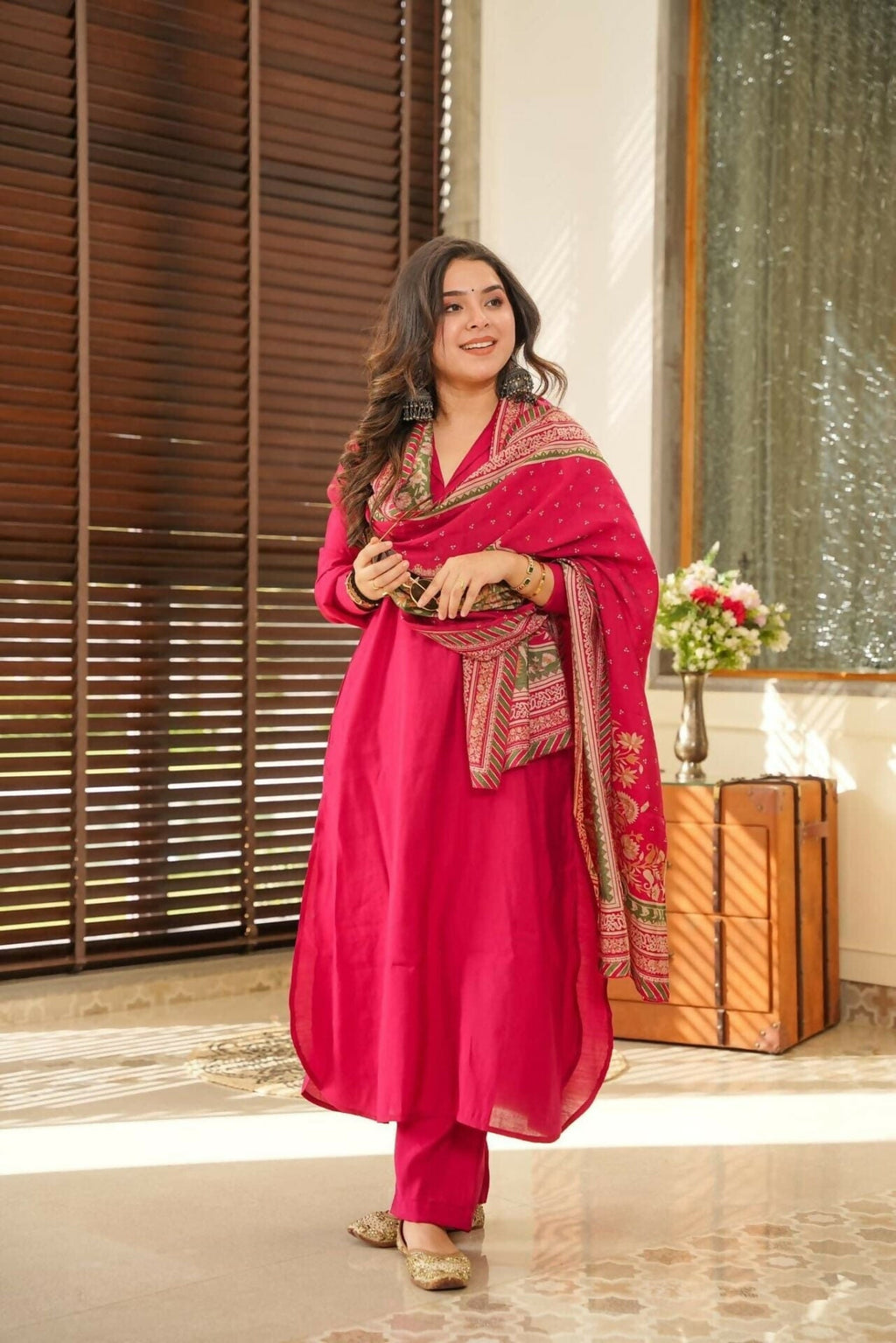 The52 Rani Women's Beautiful South Cotton Fabric Straight Kurta with Pant And Dupatta Set | Grocsy