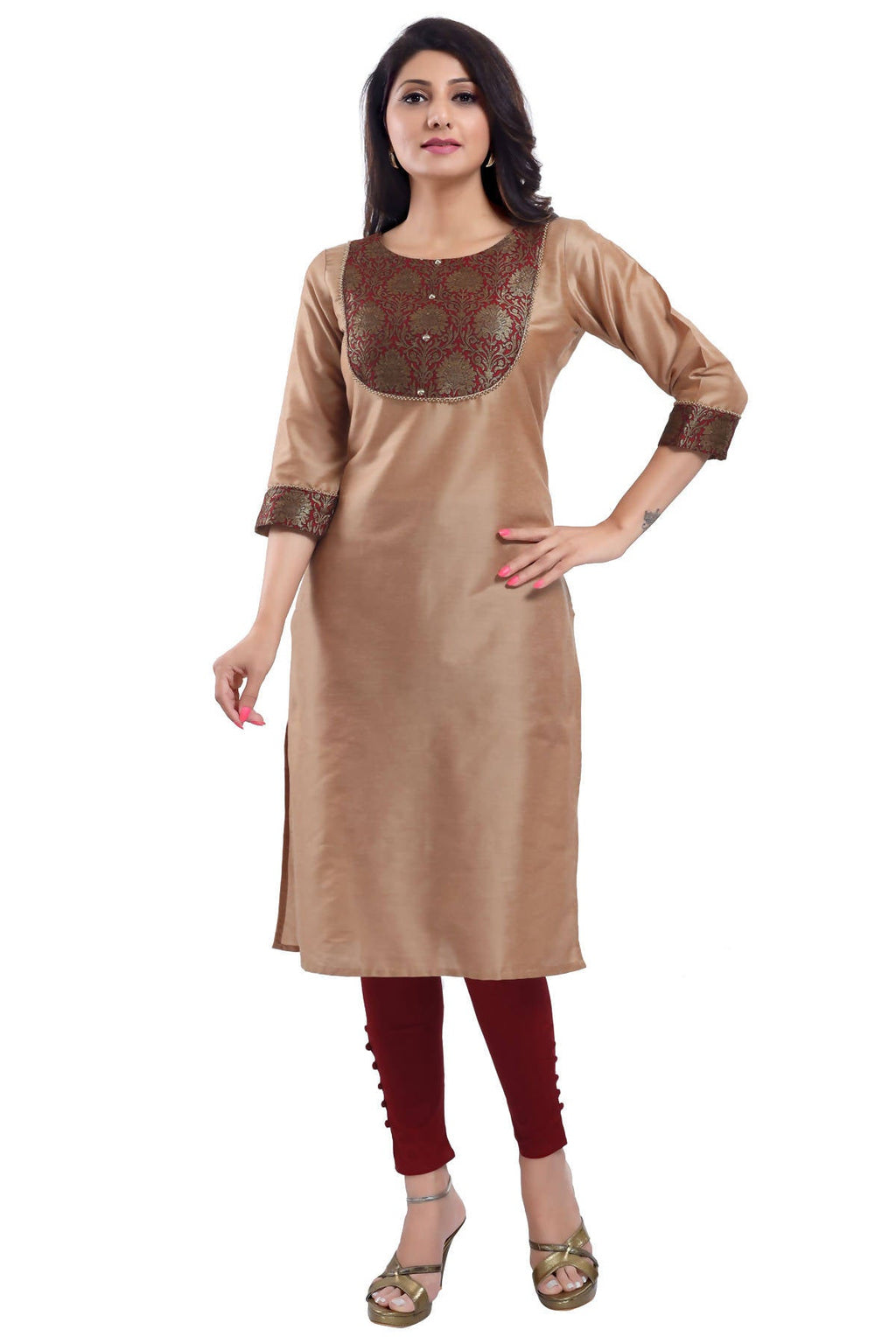 Snehal Creations Beige Cotton Silk Kurti Top | Grocsy