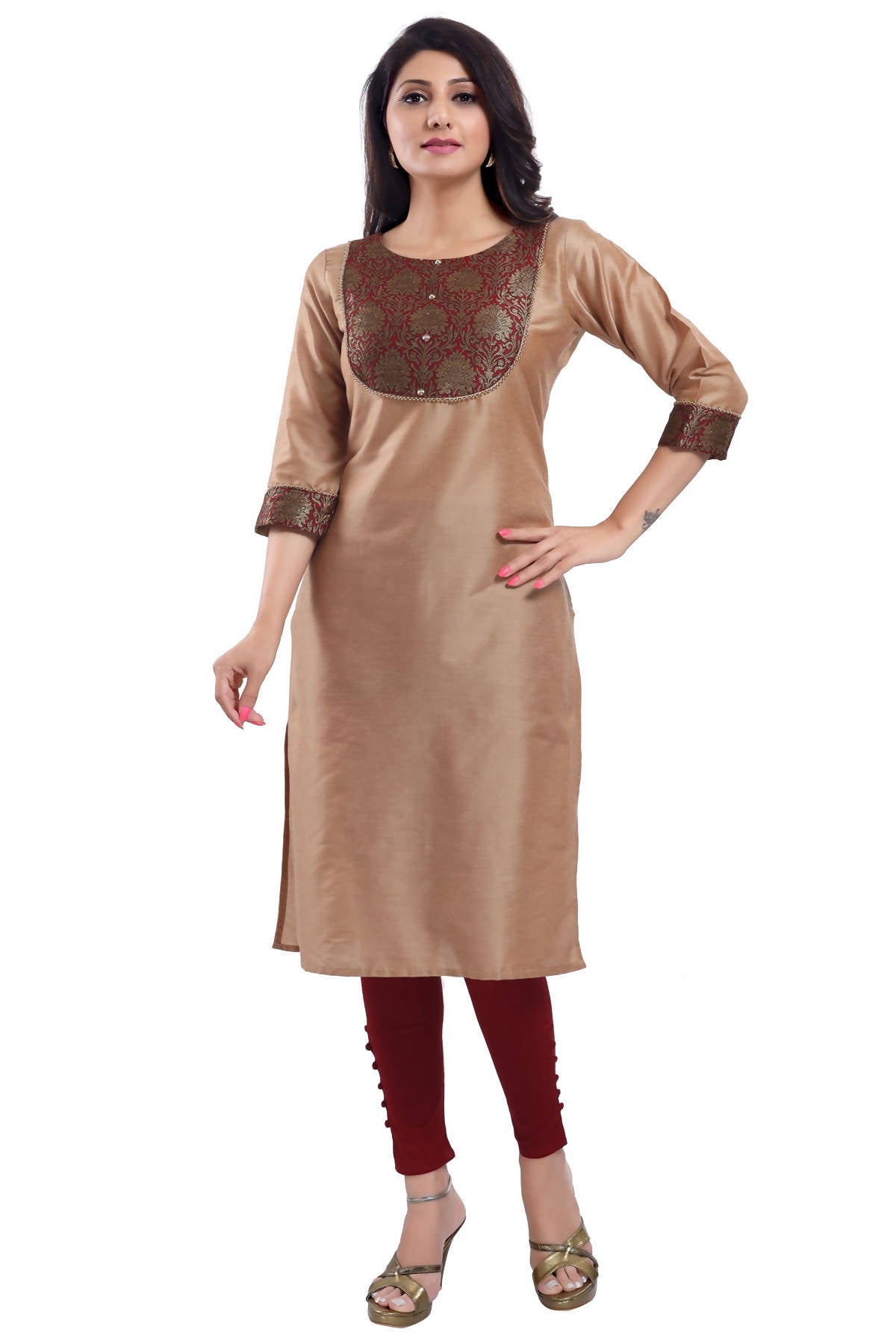 Snehal Creations Beige Cotton Silk Kurti Top | Grocsy