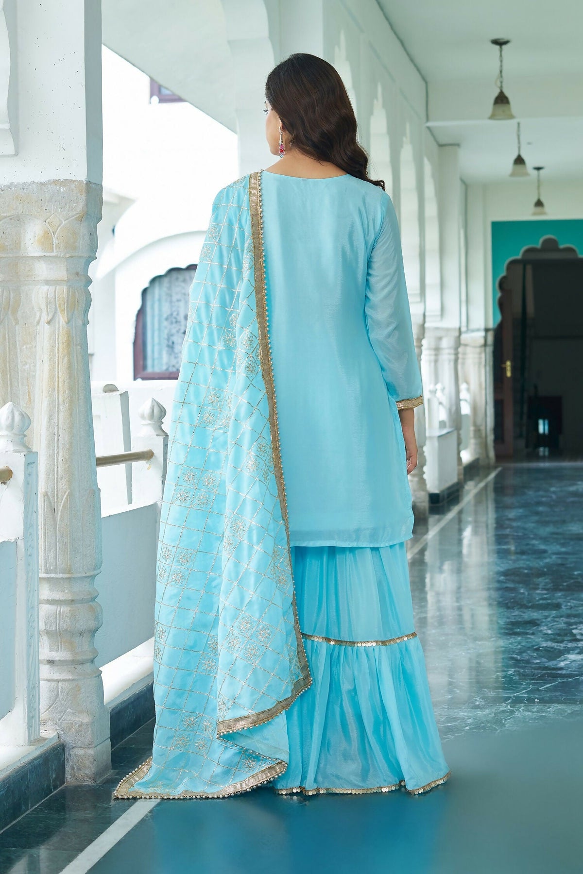 Joban Fashion Sky Blue Chinon Silk Embroidery Sequence Work Readymade Kurta Set | Grocsy