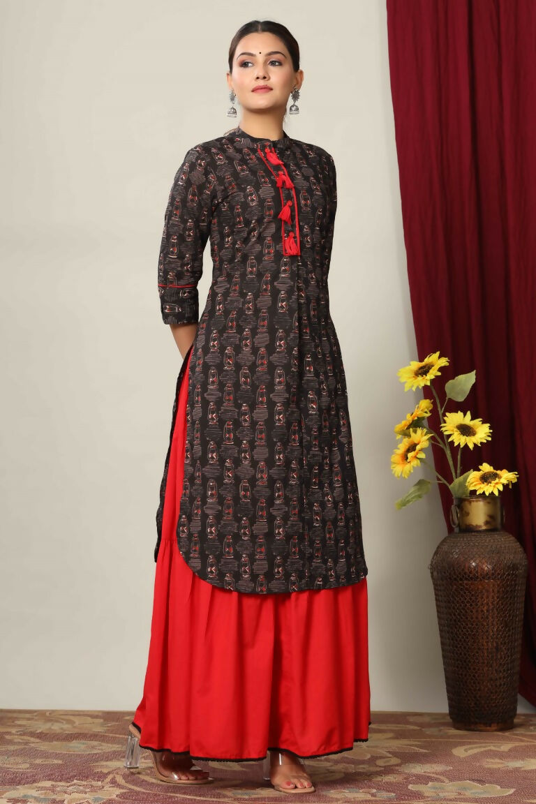 Miravan Women's Black Printed Pure Cotton Kurta With Skirt | Grocsy