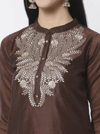 Myshka Women Maroon Chanderi Embroidered 3/4 Sleeve Round Neck Kurta | Grocsy