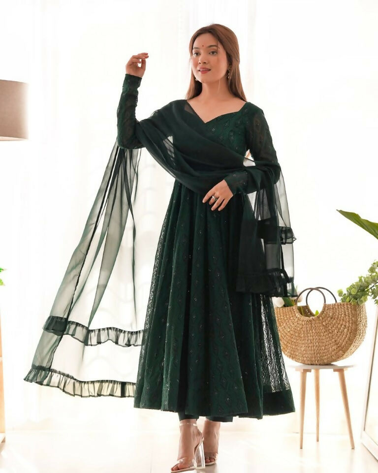 Teeya Creation Green Color Faux Georgette Embroidery Work Wedding Wear Gown | Grocsy