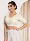 Joban Fashion Off White Crochet Padded Blouse With V Neck Elbow Sleeves | Grocsy
