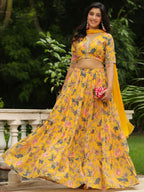 Janasya Yellow Georgette Floral Lehenga Choli Dupatta | Grocsy