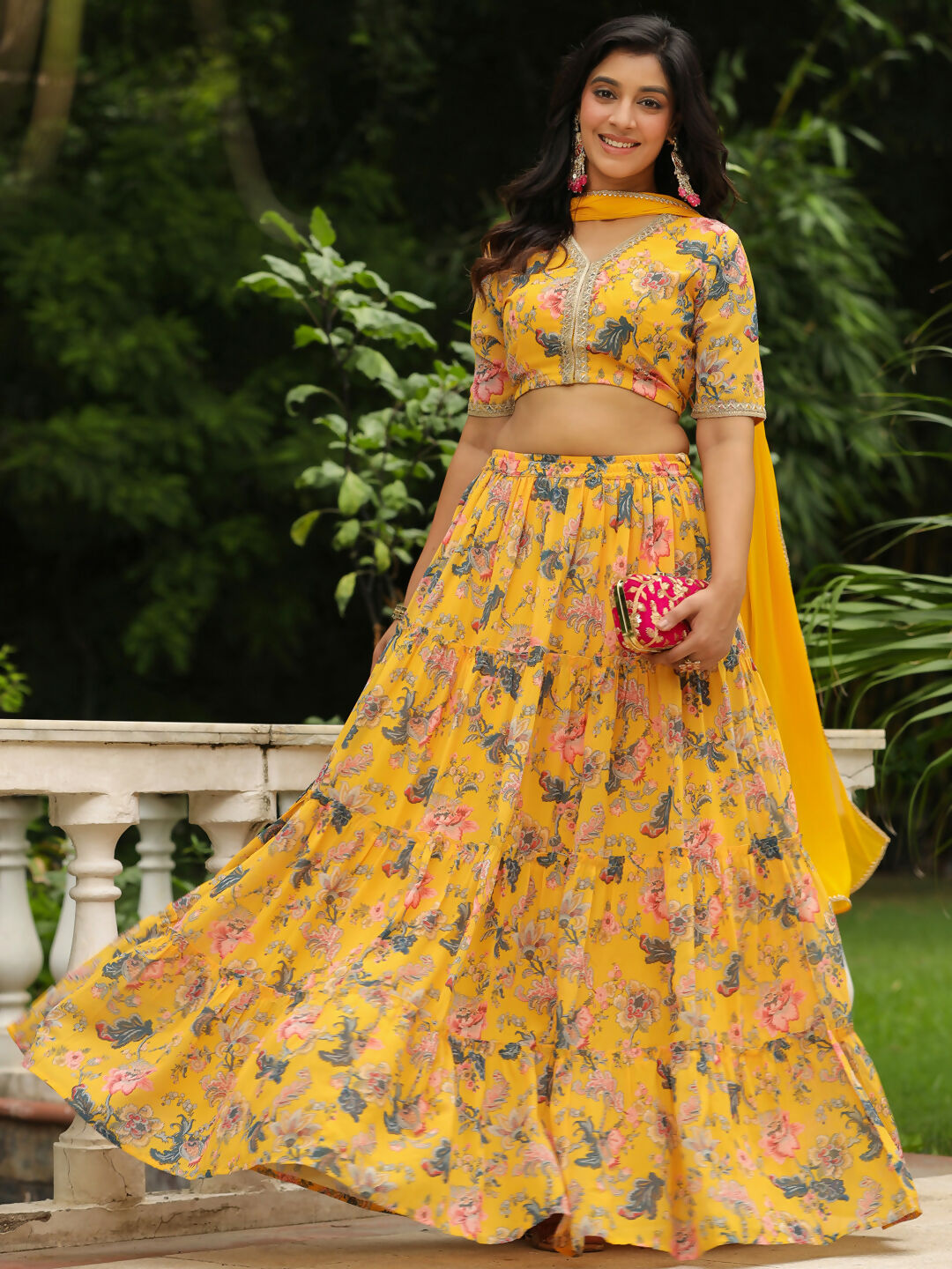 Janasya Yellow Georgette Floral Lehenga Choli Dupatta | Grocsy