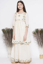 Little Bansi Blue Floral Embroidery Jacket with Cotton Kantha Frock Sharara and Dupatta with Ghungroo Handwork - Cream | Grocsy