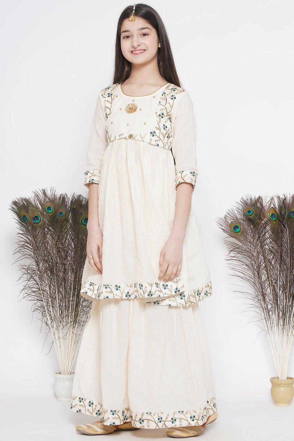 Little Bansi Blue Floral Embroidery Jacket with Cotton Kantha Frock Sharara and Dupatta with Ghungroo Handwork - Cream | Grocsy