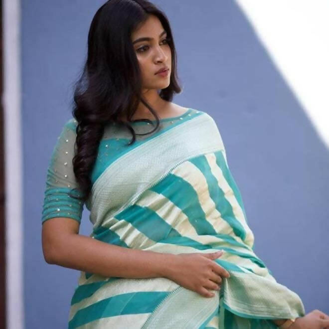 DEIANA'S Beautiful Designer Golden zari Soft Lichi Silk Saree - Sky | Grocsy