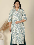 Aramya Green Linen Cotton Foliage Straight Kurta for Women | Grocsy