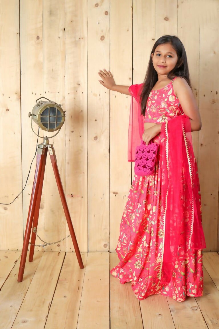Aayaa Designer Printed Silk Embroidery Kids Lehenga Choli - Pink | Grocsy