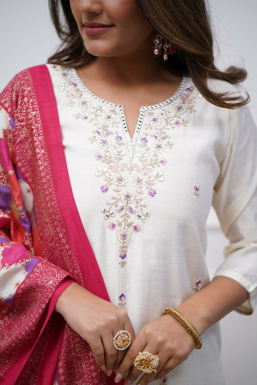 The52 Off White Beautiful Embroidered Viscose Chanderi Fabric Straight Kurta Pant with Dupatta Set | Grocsy