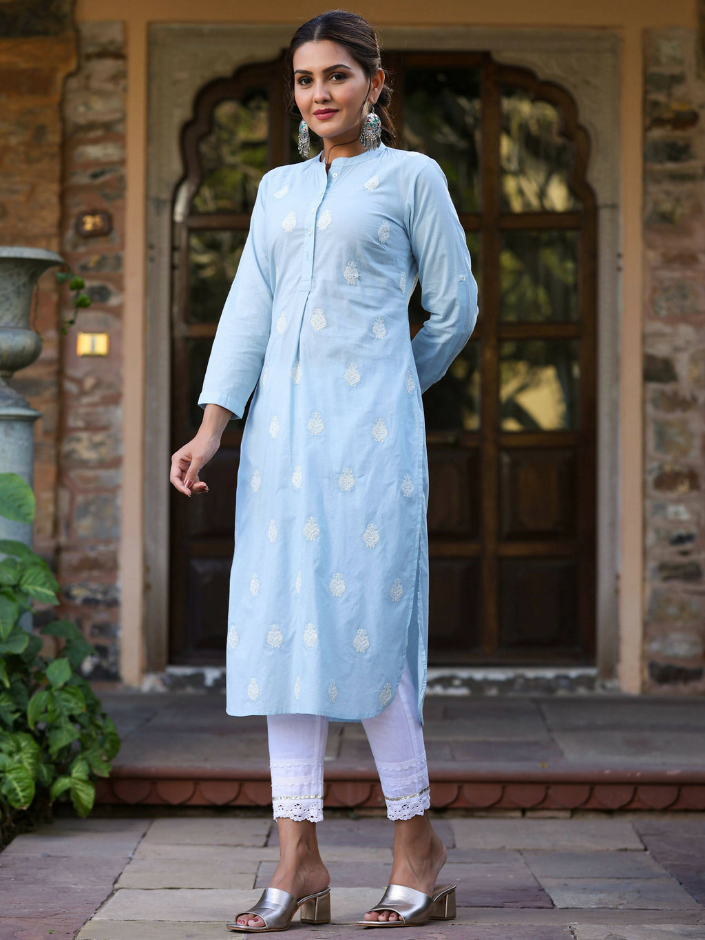 Juniper Women's Blue Cambric Embroidered Straight Kurta | Grocsy