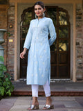 Juniper Women's Blue Cambric Embroidered Straight Kurta | Grocsy