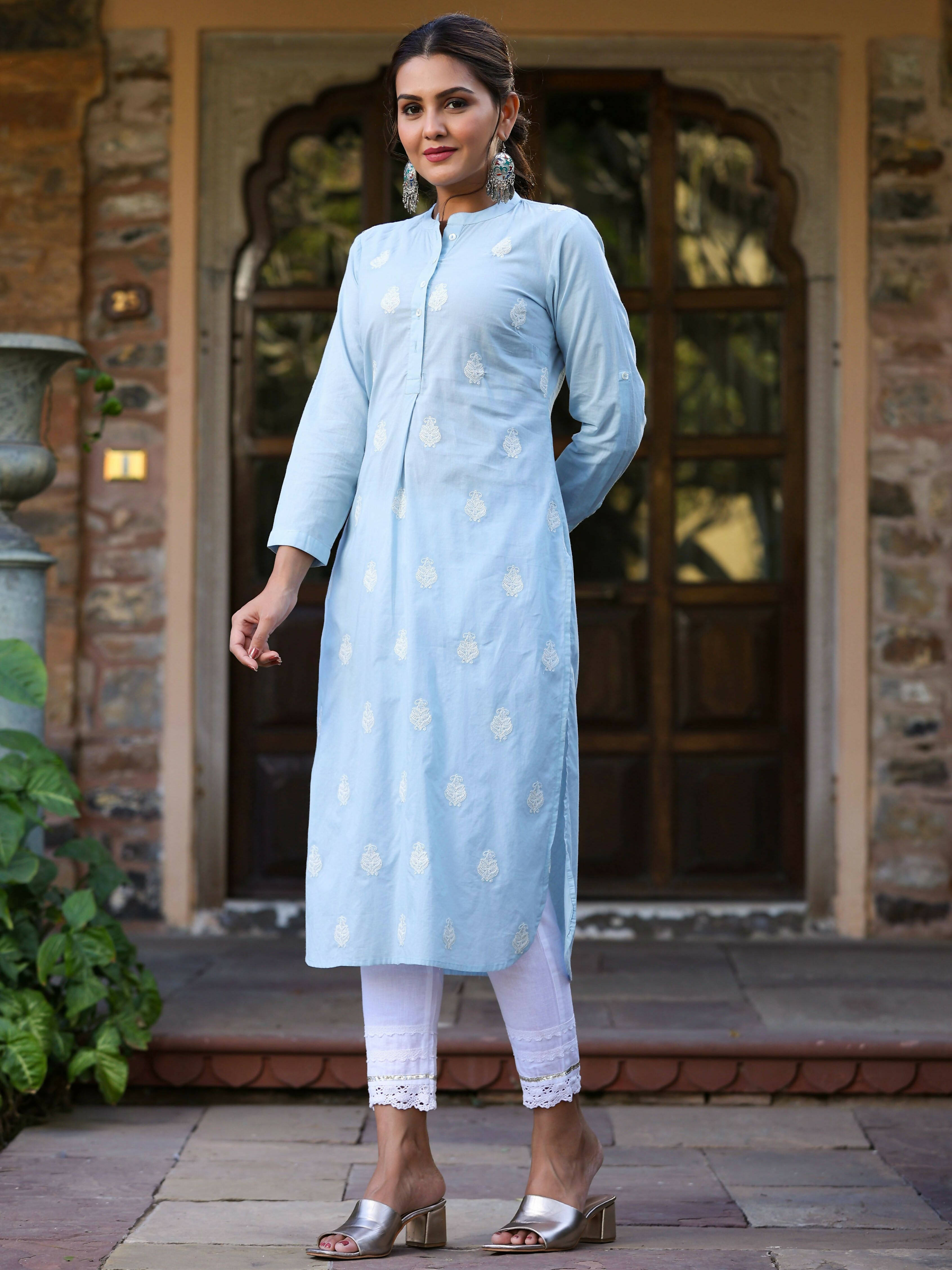 Juniper Women's Blue Cambric Embroidered Straight Kurta | Grocsy