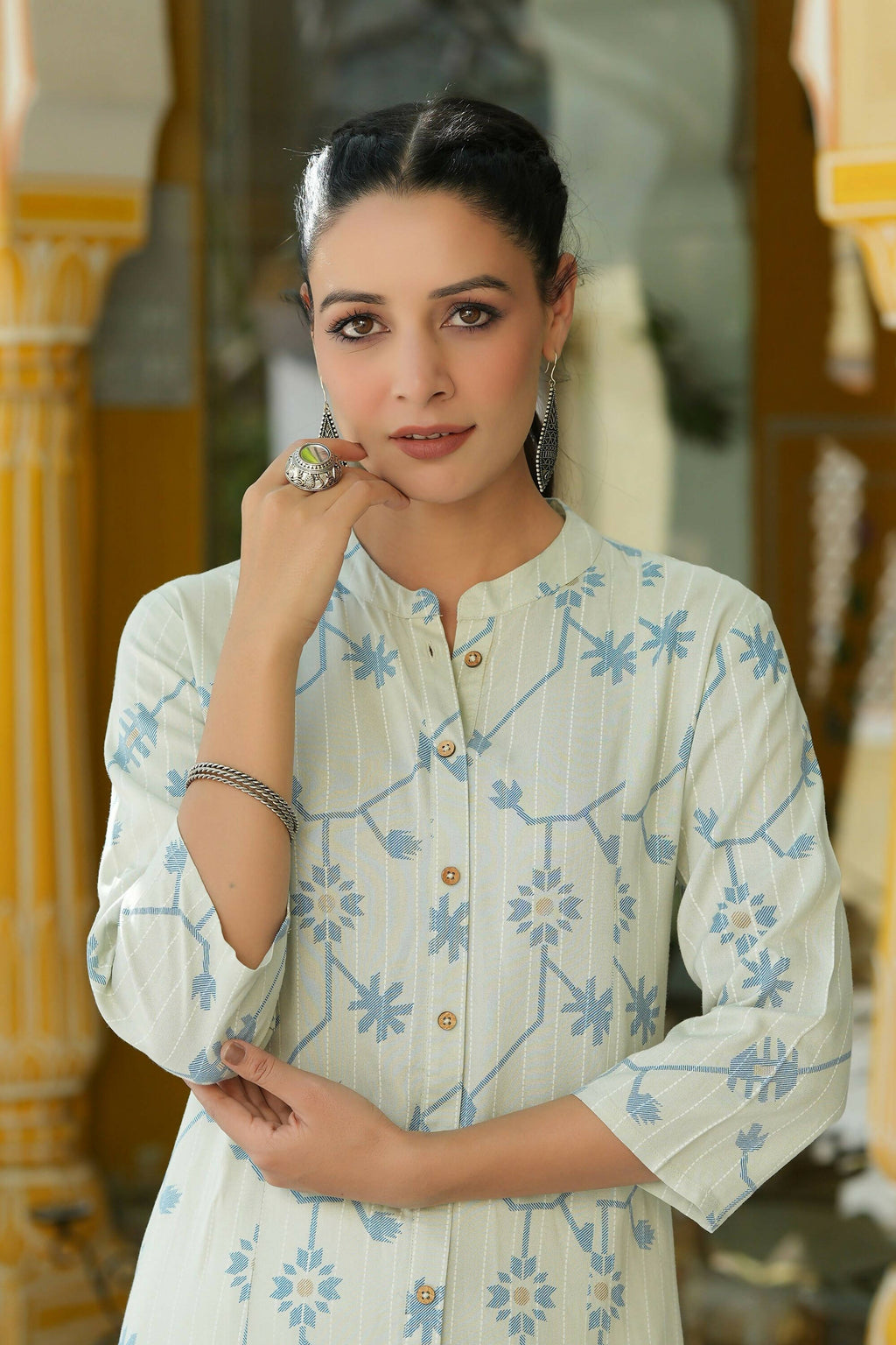 Juniper Women's Sky Blue Rayon Staple Printed A-Line Kurta | Grocsy