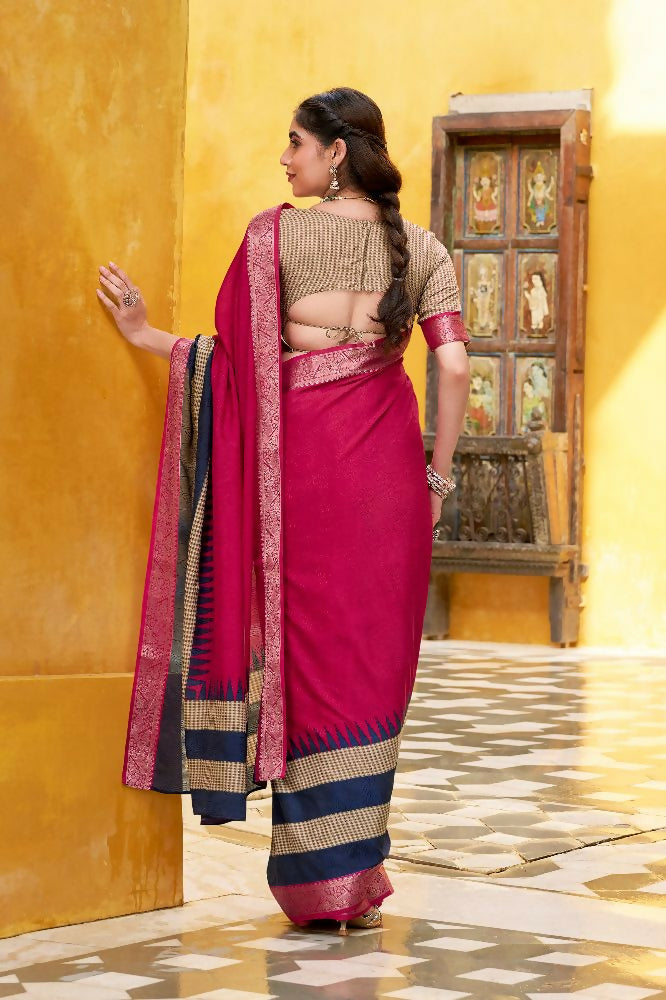 PR Fashion Pink Poly Cotton Printed With Zari Weaving Work Saree | Grocsy