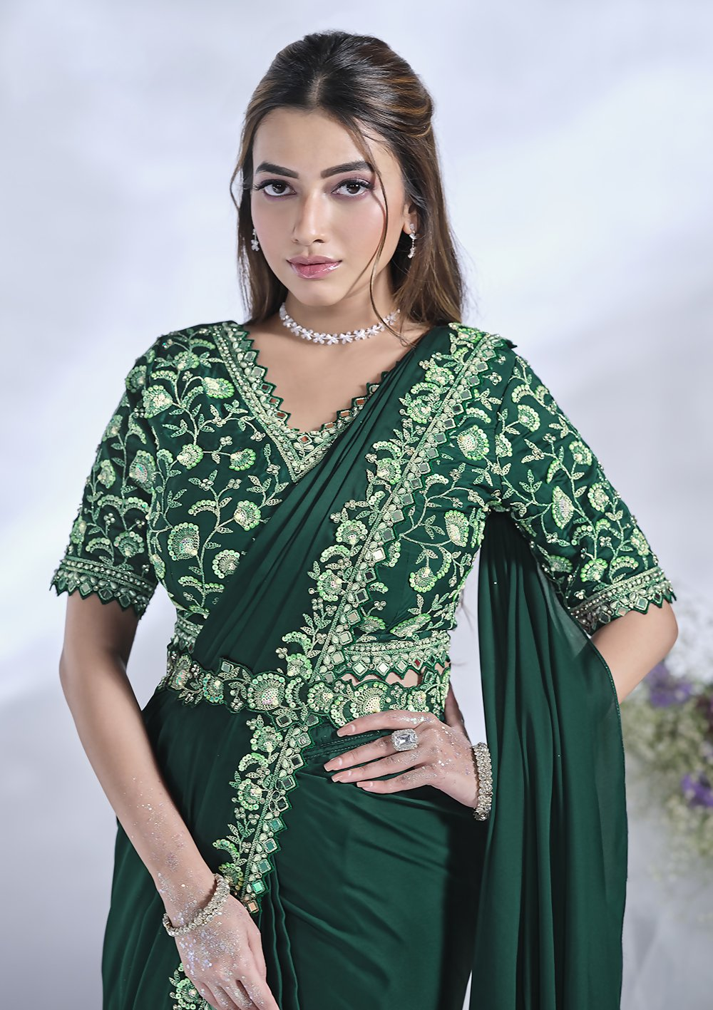 Green Crepe Satin Silk Designer Ready to wear saree with stithced Blouse - Mohmanthan Aura | Grocsy