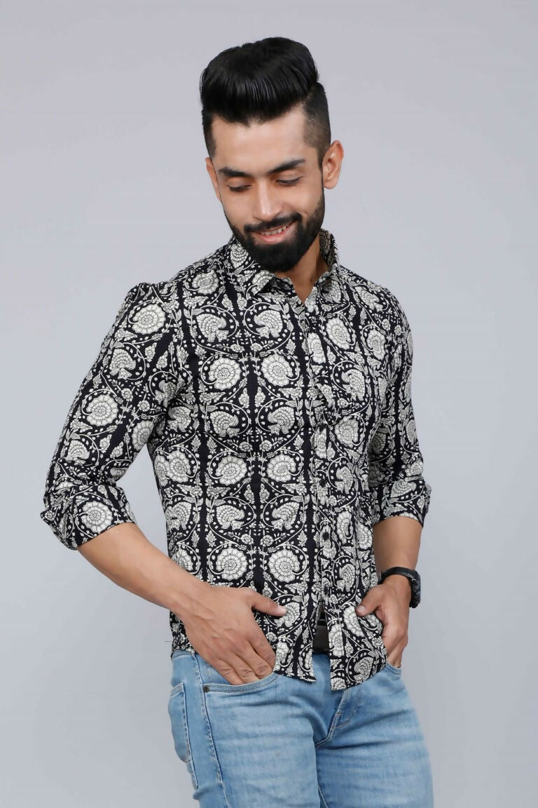 Miravan Men's Black Comfort Floral Printed Cotton Casual Shirt | Grocsy