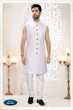 Joban Fashion Men's White Straight Silk Thread And Sequence Embroidery All Over 3 Pc Kurta Set | Grocsy