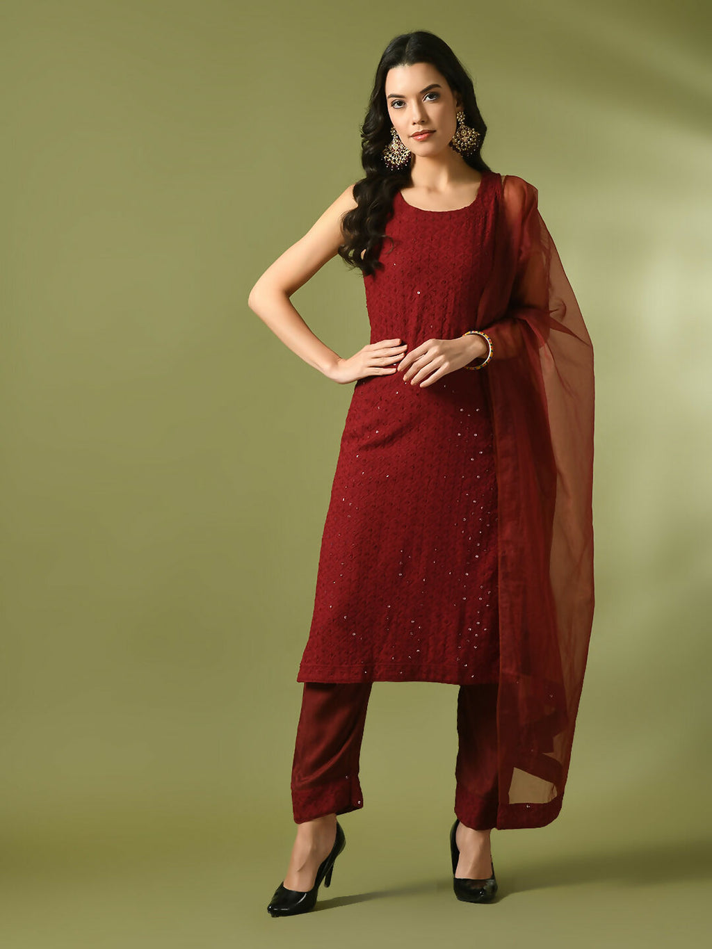 Myshka Women's Maroon Embroidered Cotton Straight Party Kurta Set With Dupatta | Grocsy