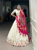 Vastranavya Traditional Special Khadi Cotton Sequins And Thread Embroidery Work Lehenga with Unstitched Blouse - White | Grocsy