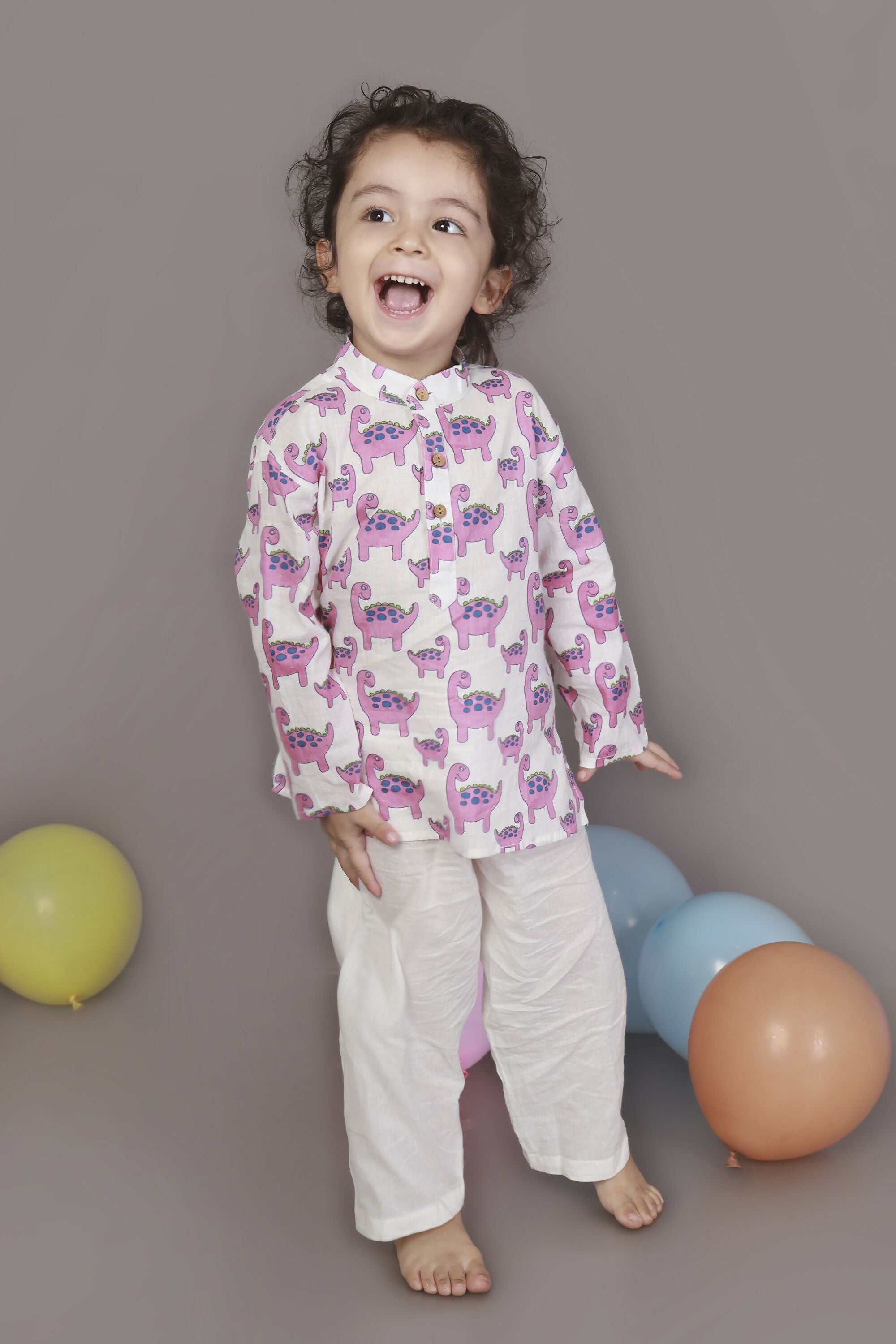Breathables Kids Boys & Girls Cotton Night Suit – Purple Dinosaur Print Kurta & Pyjama Co-Ord Set | Grocsy
