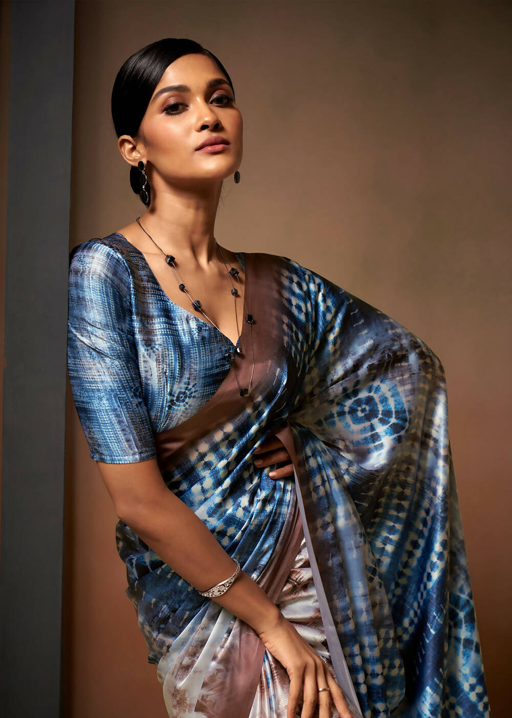 Blue Satin Digital Printed Saree with Unstitched Blouse Piece - Jodha | Grocsy