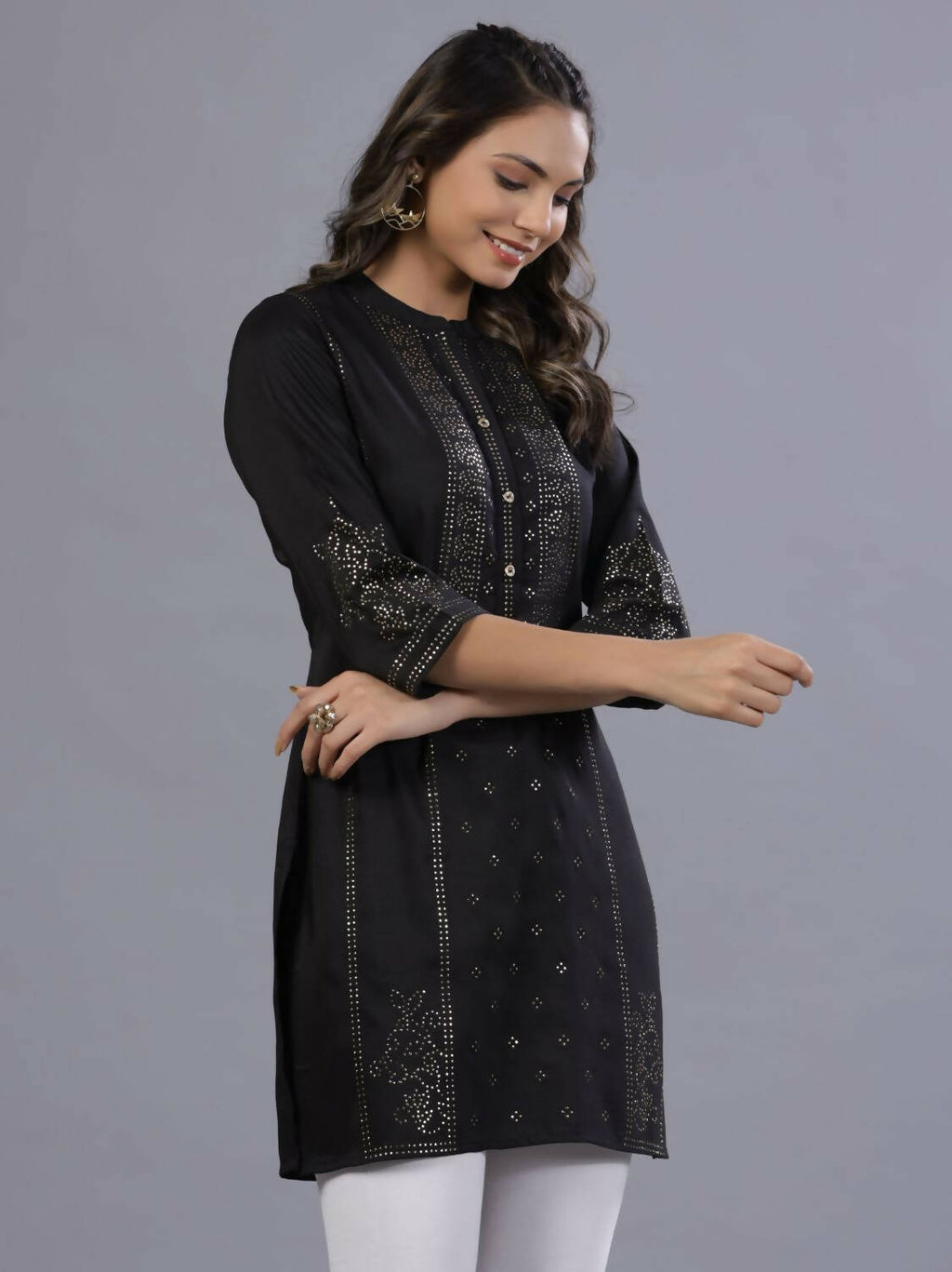 Juniper Women Black Chinon Silk Mukesh Work Straight Tunic | Grocsy