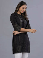 Juniper Women Black Chinon Silk Mukesh Work Straight Tunic | Grocsy