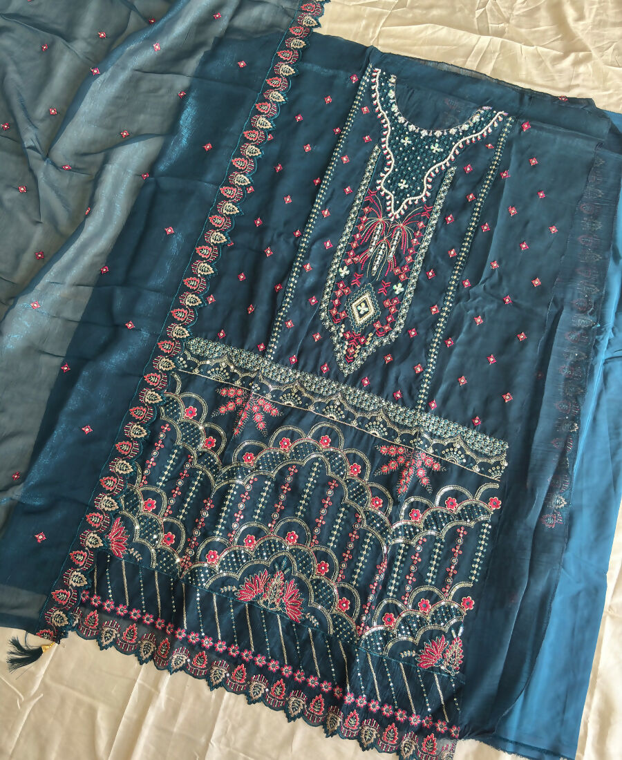KC Teal Blue Pakistani Crunchy Silk Heavy Salwar Kameez For Women | Grocsy