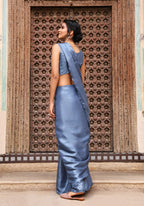 Sky Blue Tom Silk Plain Ready To Wear Saree With Stitched Blouse - Satiksha | Grocsy