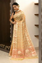 Joban Fashion Light Orange Saree Kota Tissue With Embroidery And Applick Anchal | Grocsy