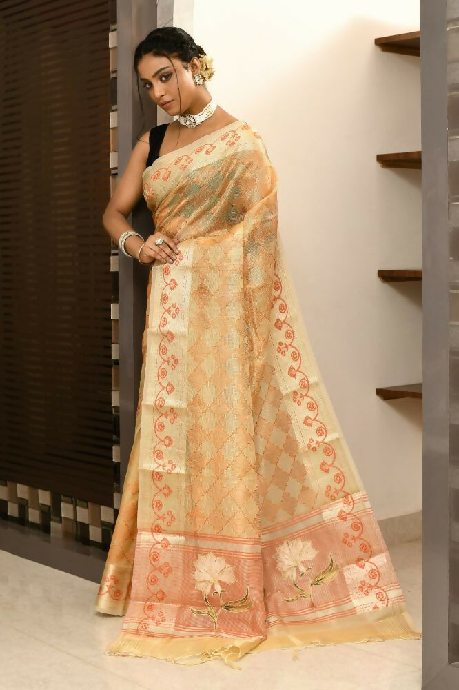 Joban Fashion Light Orange Saree Kota Tissue With Embroidery And Applick Anchal | Grocsy