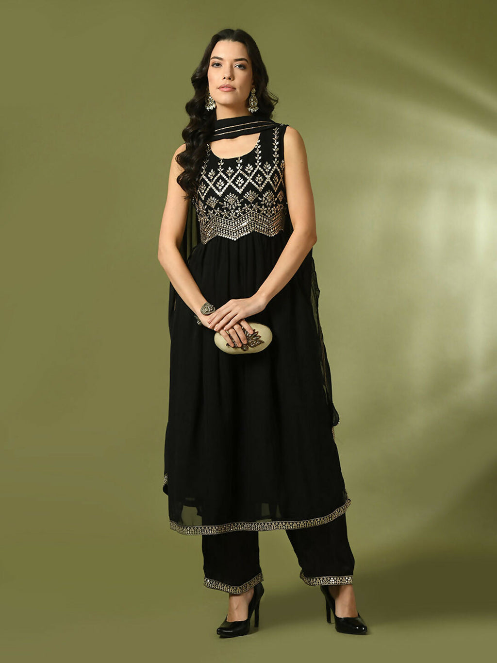Myshka Women's Black Embroidered Georgette Anarkali Party Kurta Set With Dupatta | Grocsy