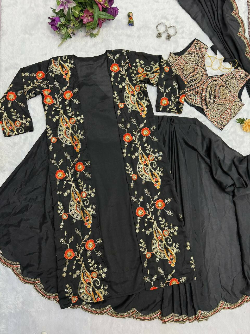 Teeya Creation Black Color Chinon Silk Designer Embroidery Work Ready To Wear Saree With Koti | Grocsy