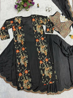 Teeya Creation Black Color Chinon Silk Designer Embroidery Work Ready To Wear Saree With Koti | Grocsy