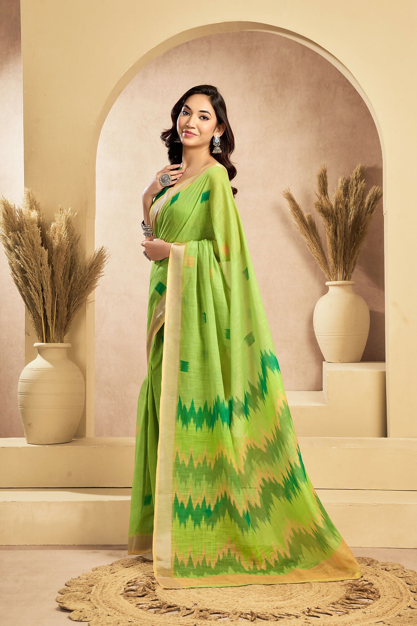 Vastranavya Mint Green Digital Printed Linen Ready To Wear Pocket Saree with Unstitched Blouse | Grocsy