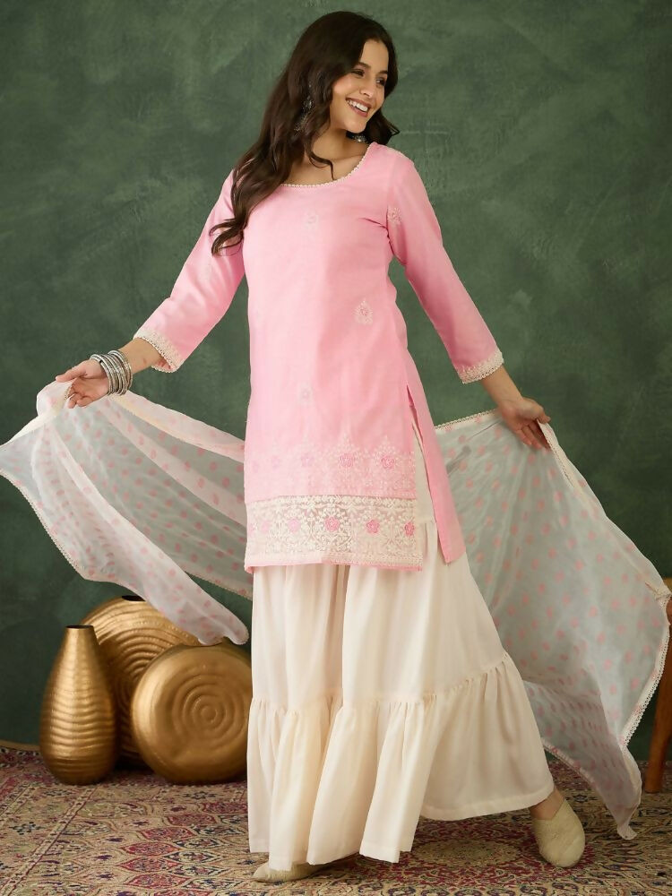 The52 Women's Gorgeous Embroidery Work Cotton Satin Fabric Straight Kurta Sharara and Dupatta Set | Grocsy