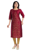 Snehal Creations Majenta Raw Silk Block Print Long Kurta For Women | Grocsy