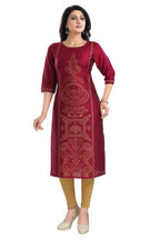 Snehal Creations Majenta Raw Silk Block Print Long Kurta For Women | Grocsy