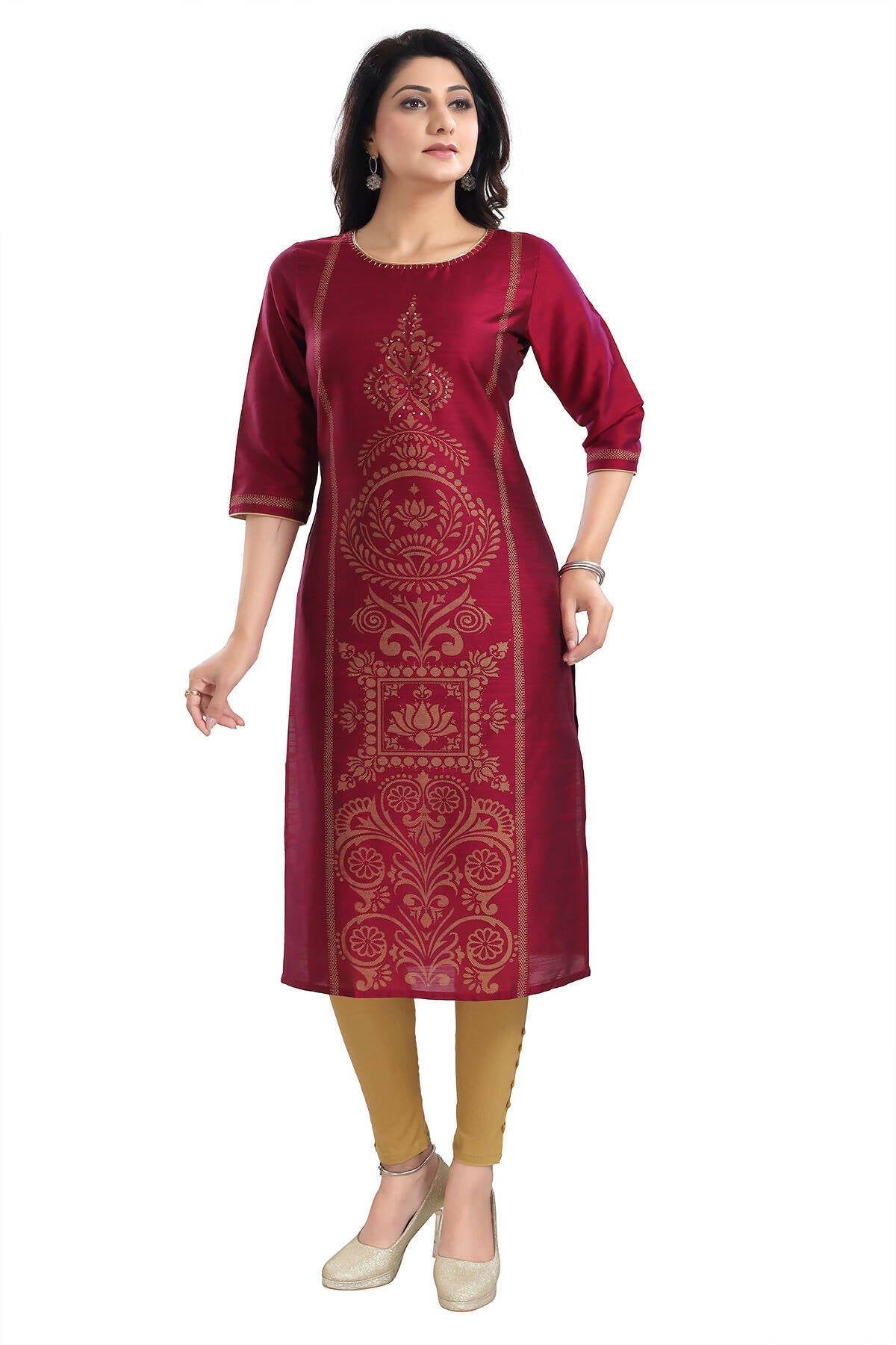 Snehal Creations Majenta Raw Silk Block Print Long Kurta For Women | Grocsy