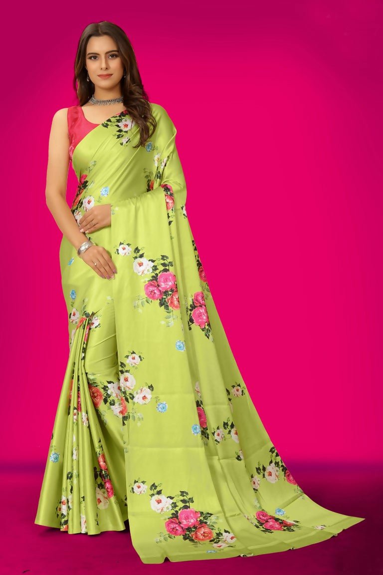 Aayaa Designer Printed Satin Saree - Multi Color | Grocsy