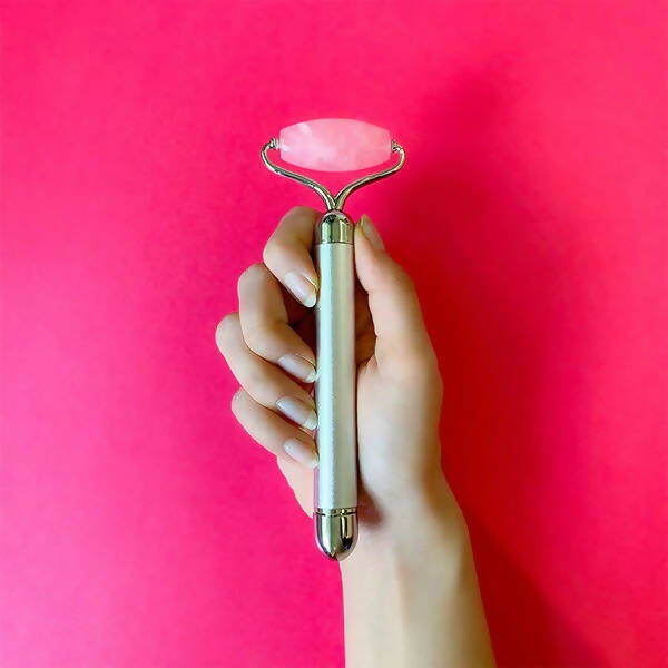 Natural Vibes Rose Quartz Vibrating Face Massage Roller with Free Gold Beauty Elixir Oil | Grocsy