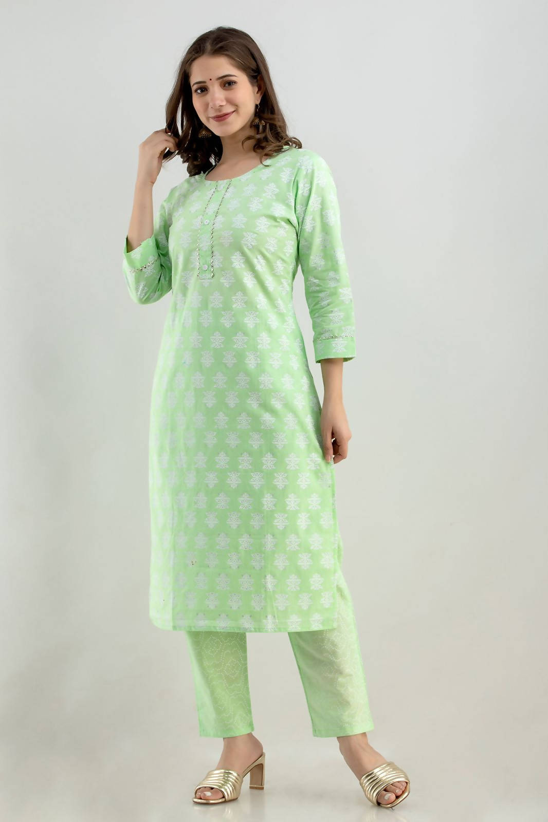 Vamika Printed Cotton Green Party Wear/Casual Wear Kurta Set/Suit | Grocsy