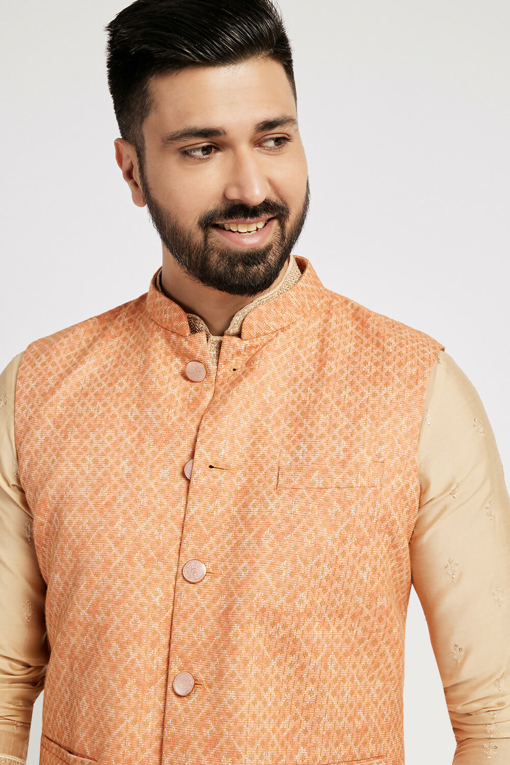 Ethnic India Orange Bundi Men's Jacket Abstract Blended | Grocsy