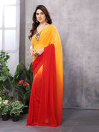 Partywear Designer Yellow & Red Georgette Fancy Saree - Satrangi | Grocsy
