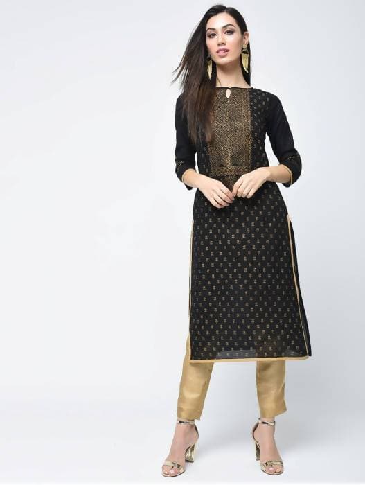 Aniyah Cotton Block Printed Black Color Straight Kurta (AN-123K) | Grocsy