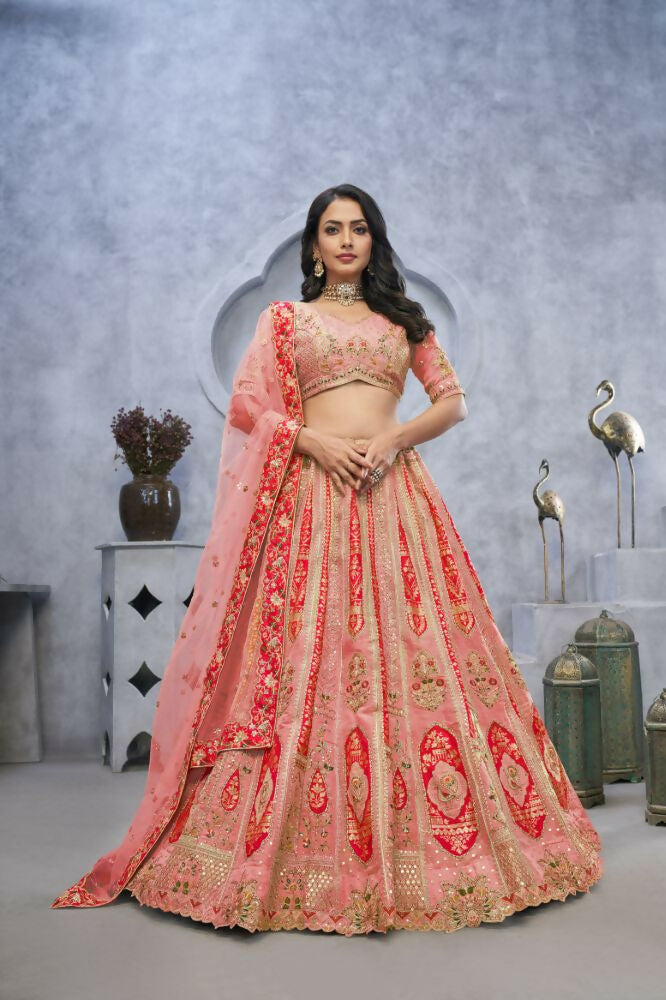 Kesar Fab Pink Organza Embroidered Lehenga | Grocsy