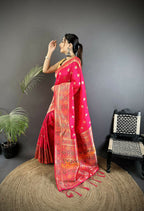 Joban Fashion Coral Pink Geometric Pattern Soft Silk Patola Saree | Grocsy